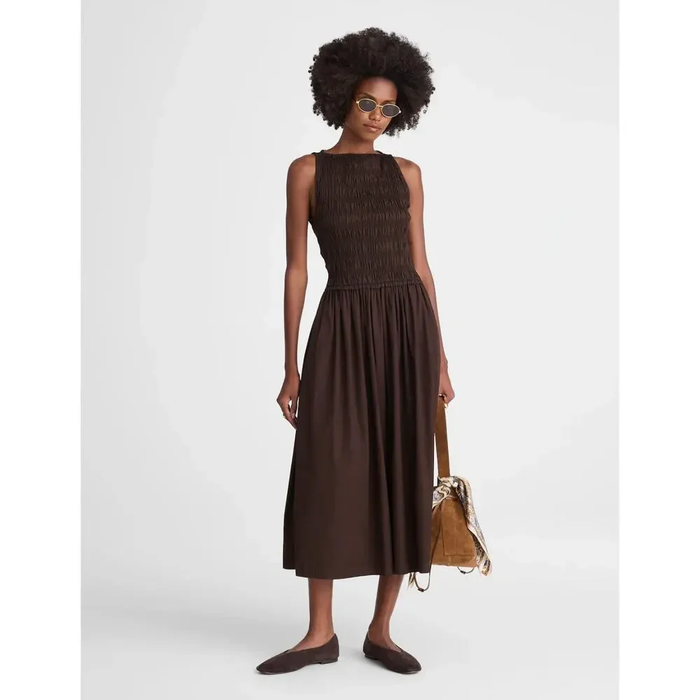 Madewell The Melody Smocked Midi Dress Cotton Molasses Brown A Line Small NWT - Picture 1 of 14